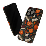 Load image into Gallery viewer, Cozy Fall Pumpkin, Coffee, and Books iPhone Case
