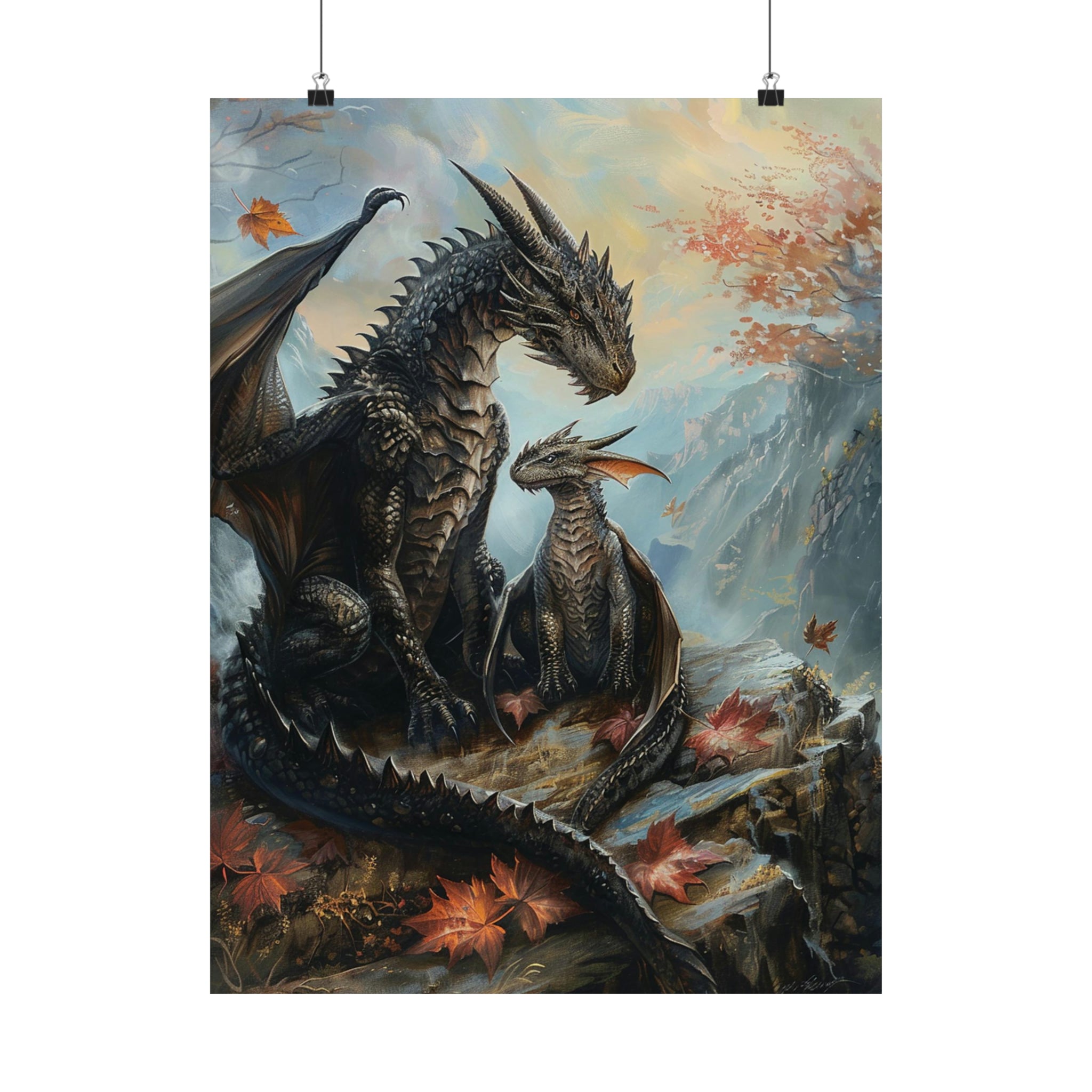 Mother and Baby Dragon Poster, Wall Art Print, Fantasy Art Print, Matte Vertical Poster, Gamer Gifts, Fantasy Gifts